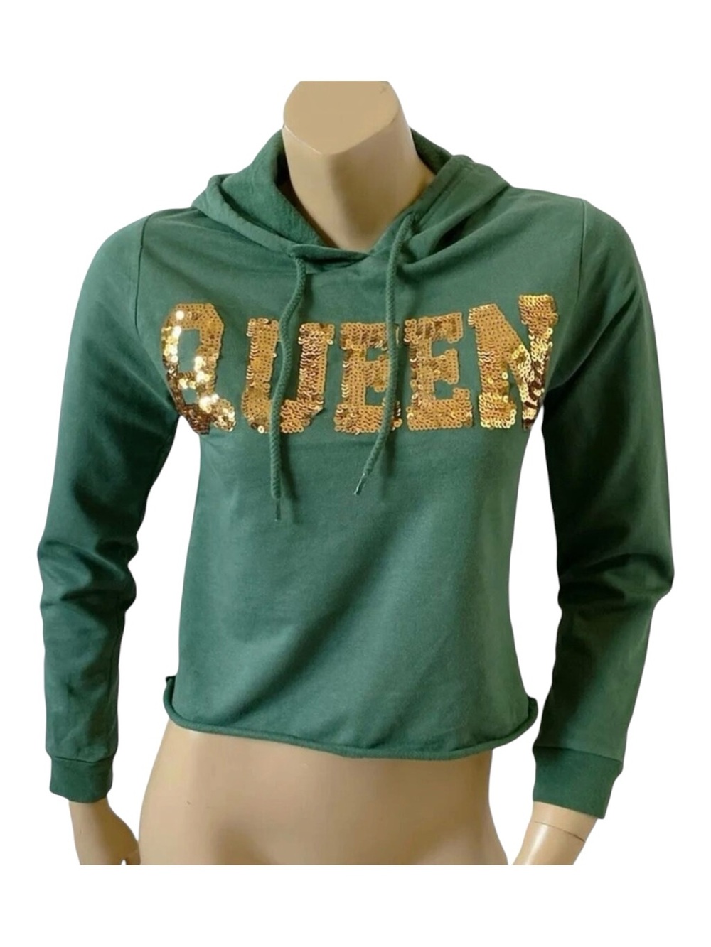 On Fire Hoodie Womens Small Green Cropped Sequin QUEEN Pullover 100% Cotton